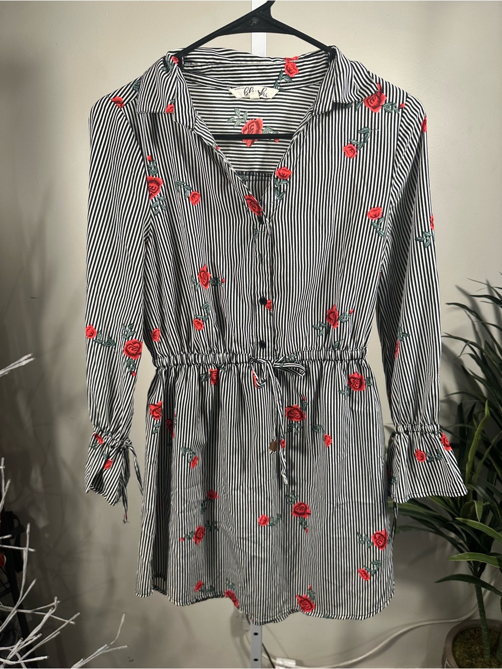 N257. Mint of Blush Striped Black & White Shirt Dress with Red Rose Print